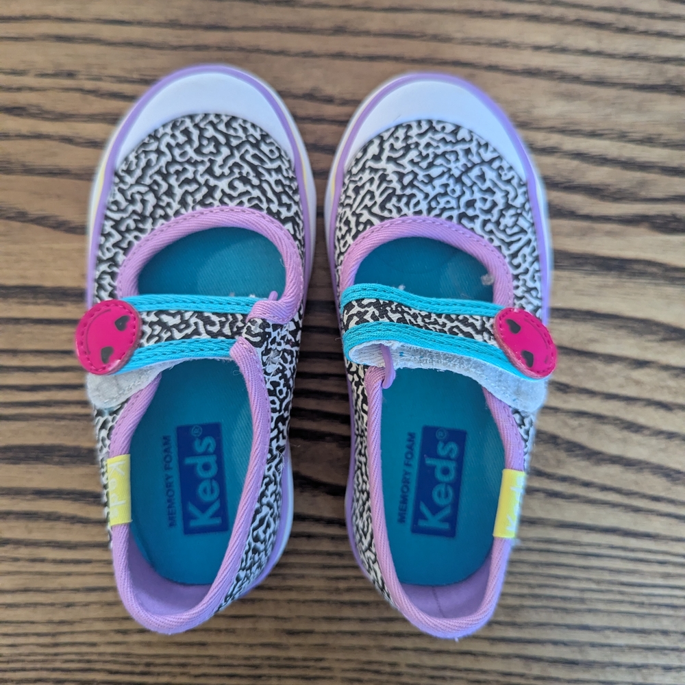 EUC Keds toddler girls 5.5c Harper Mary Jane shoe black neon smiley hook & loop